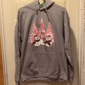 Jerzees Gray Hoodie with Snowman and Pink Trees
